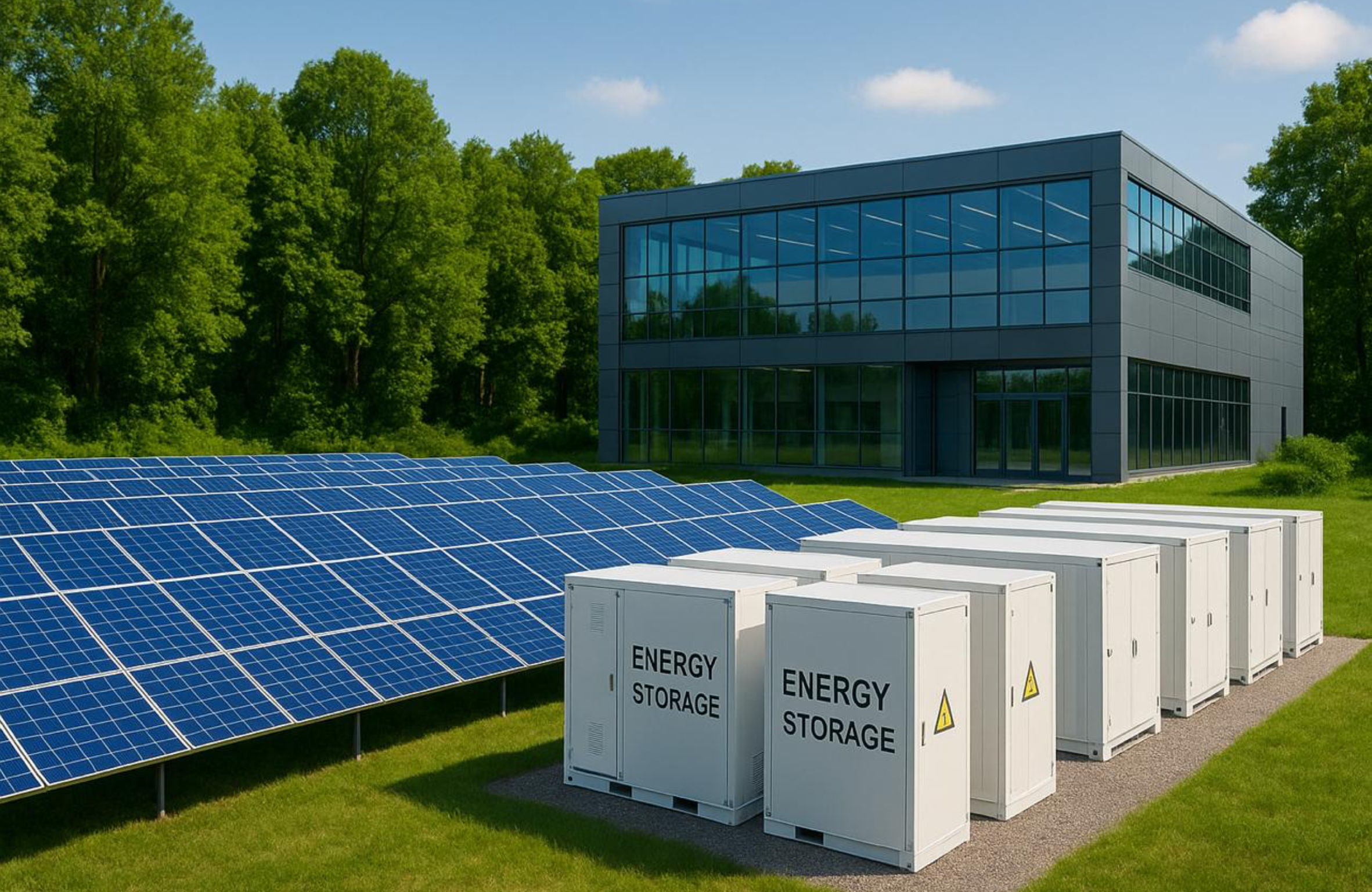 Farma fotowoltaiczna z magazynami energii na pierwszym planie